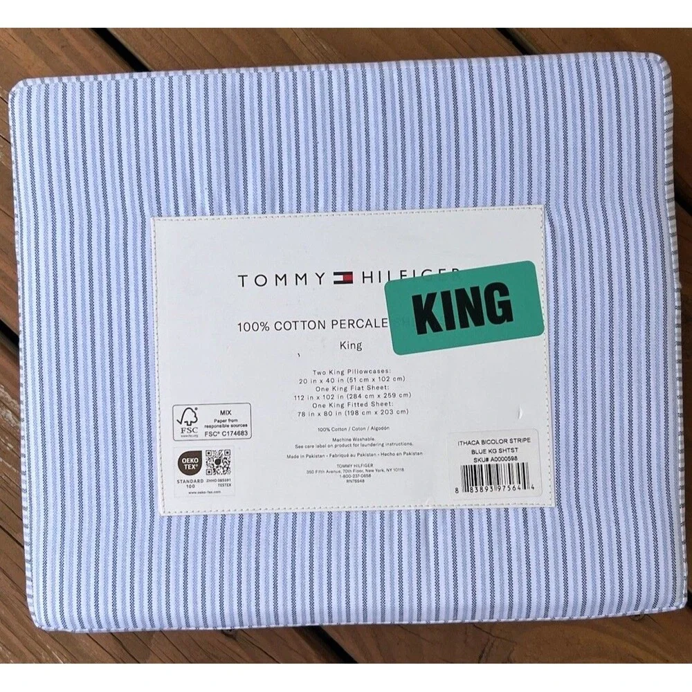 Tommy Hilfiger KING Bed Sheet Set 100% Percale Cotton Ithaca Bicolor Stripe Blue